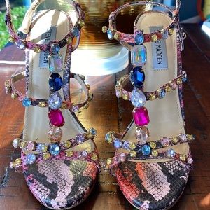 Steve Madden “Majestic” Snakeskin Print Jewelled Strappy Heeled Sandals Size 8.